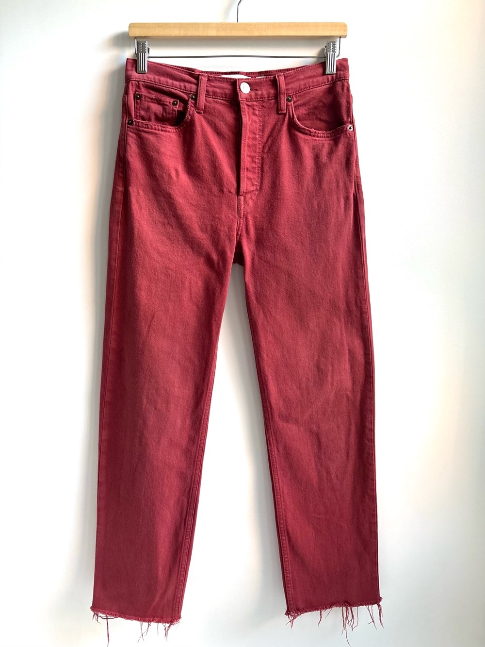 Redone High Rise Straight Leg Frayed Hem Buttonfly Denim Jeans Burgundy Size 27